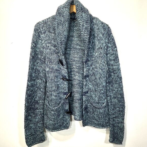Moda International Cardigan Sweater M Marled Blue Wooden Toggle Buttons Wool - Picture 6 of 10